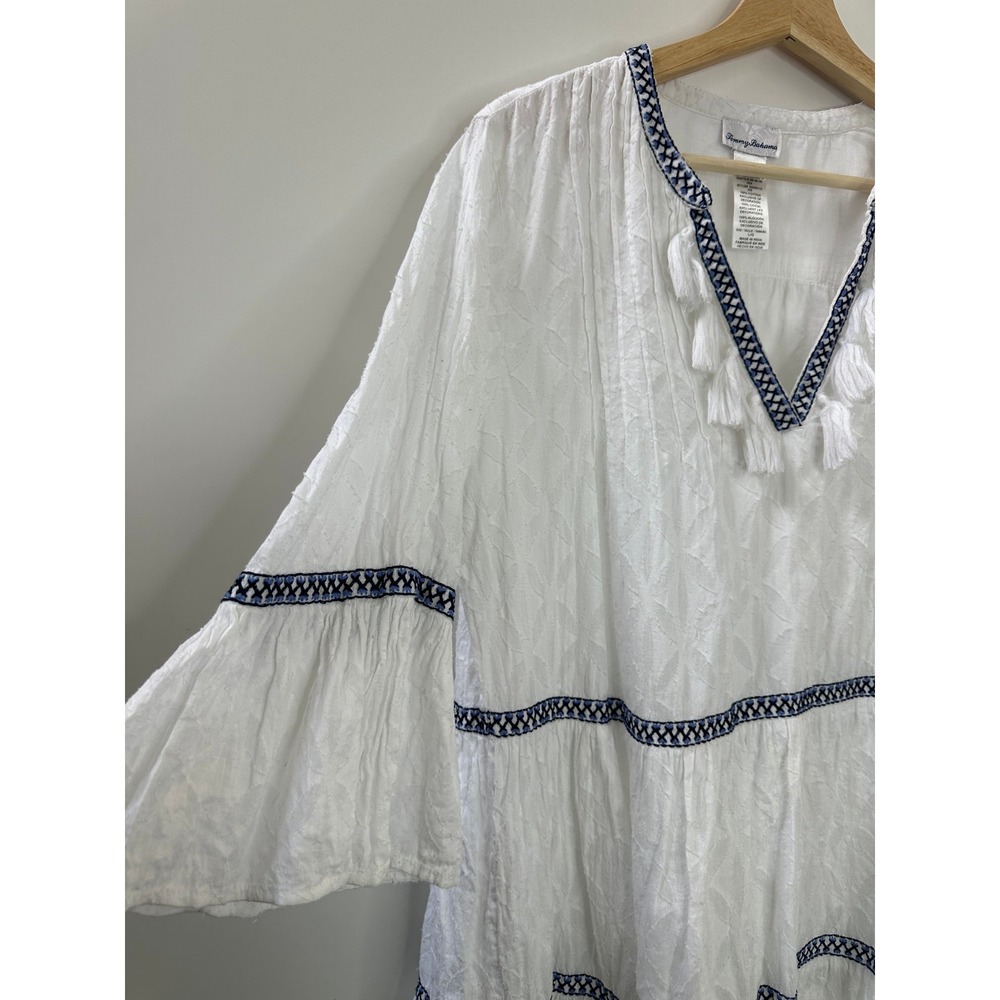 Tommy Bahama Cotton Clip Embroidered Tiered Cover Up Dress White & Blue Large - Picture 3 of 11